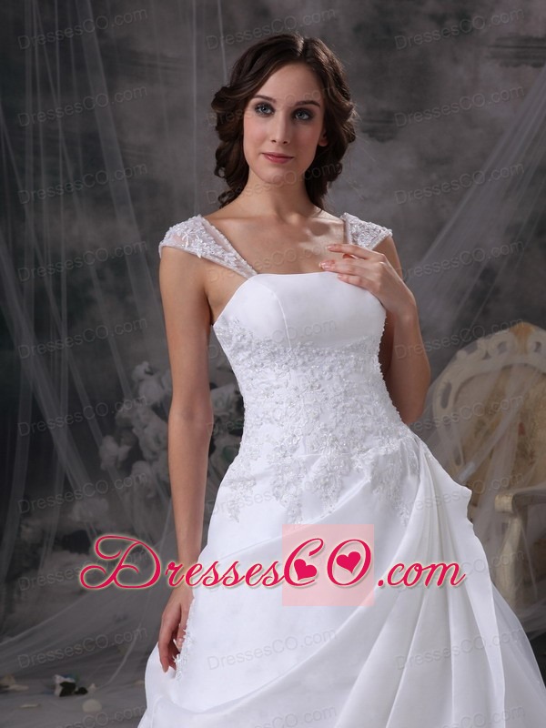 White A-line Square Court Train Satin and Organza Embroidery Wedding Dress